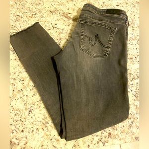 Used AG jeans, size 27R, stretch skinny, distressed, gray